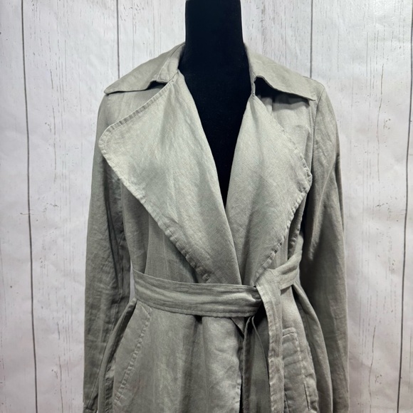 Cynthia Rowley 100% Linen Trench Coat Green Belted Size S Minimalist Lightweight - Picture 3 of 14